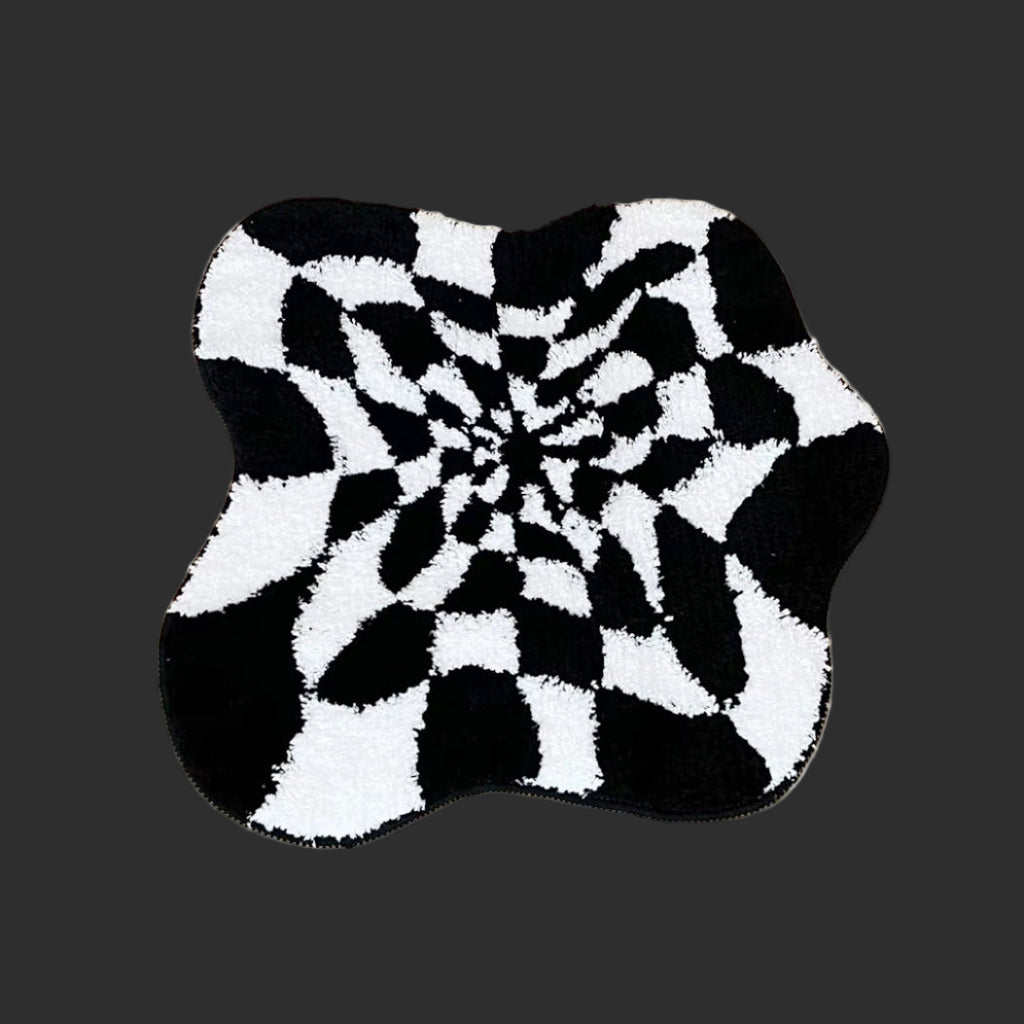 Abstract 3D Illusion Checkered Cloud Shape Tufted Rug - Handmade Modern Black and White Design - Fluid Art Porch Carpet