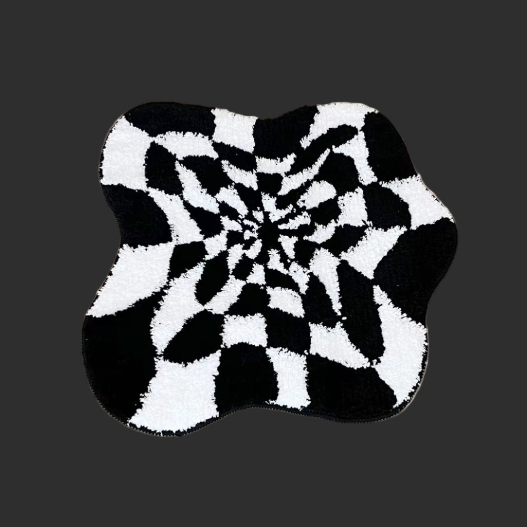 Abstract 3D Illusion Checkered Cloud Shape Tufted Rug - Handmade Modern Black and White Design - Fluid Art Porch Carpet
