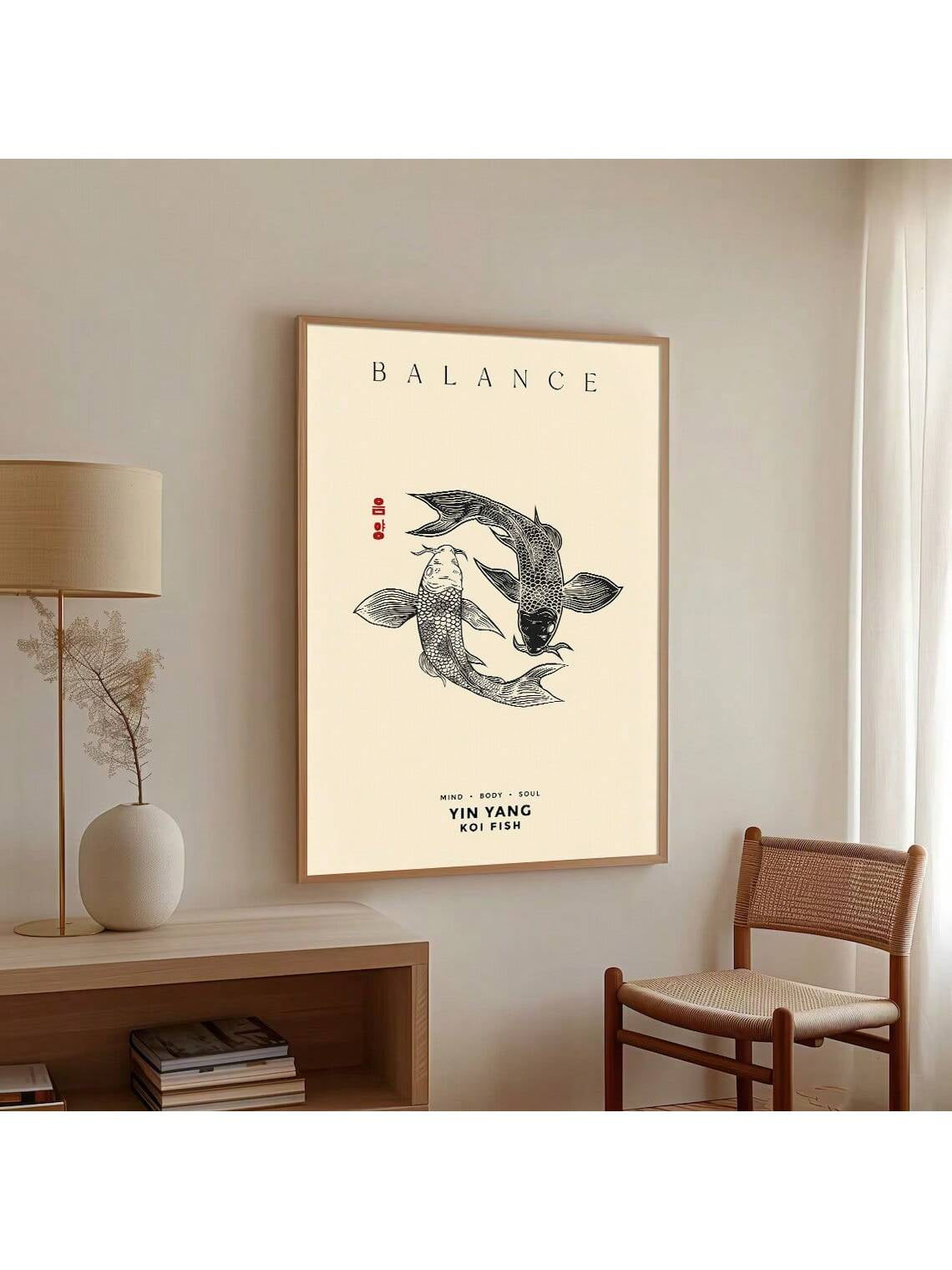 1Pc Framed/Unframed Vintage Koi Fish Japanese Wall Art Canvas Poster Print Minimalist Zen Yin Yang Japandi Mindfulness Painting for Apartment,Living Room,Bedroom,Modern Home Decoration