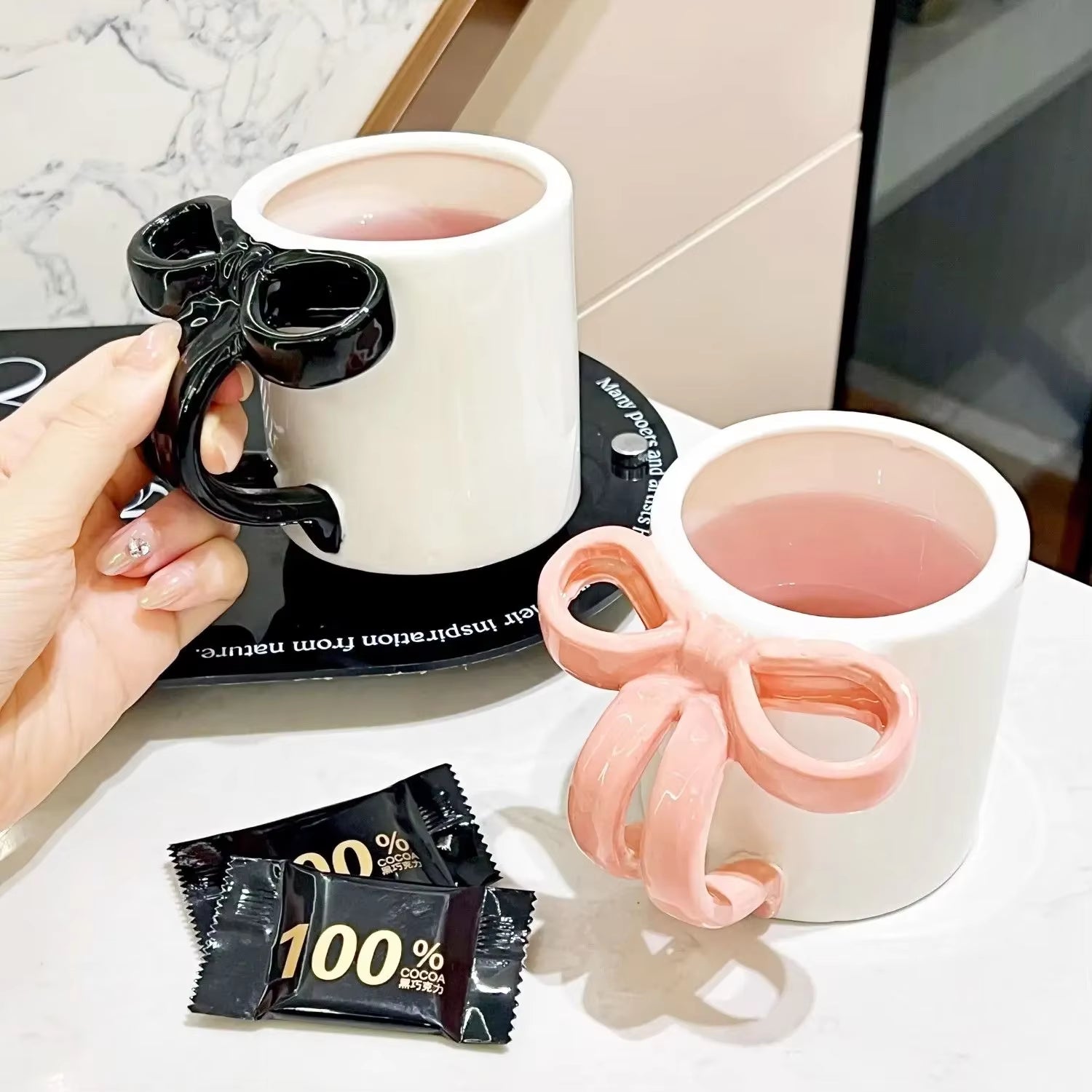 Cute Pink Bow Ceramic Water Cup High Appearance Level Coffee Cup Girl'S Mug Office Home Niche Couple Cup