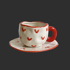 1Set Love Irregular Coffee Cup and Saucer, Creative Design Hand-Plated Irregular Coffee Cup and Saucer, Red Love Coffee Cup Mug, Suitable for Home Decoration Drinking Water, Afternoon Tea Coffee Cake, Couple Date, Candlelight Dinner, Valentine'S Day Gift