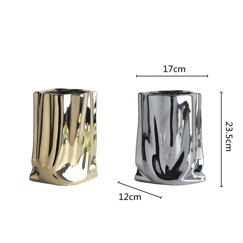 S/M/L Ruffled Flower Vase Ceramic Vase Porcelain Flower Arrangement Decoration Bag Shape Terrarium Home Decoration Vases Pots