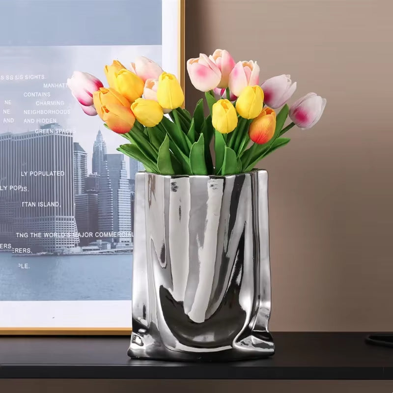 S/M/L Ruffled Flower Vase Ceramic Vase Porcelain Flower Arrangement Decoration Bag Shape Terrarium Home Decoration Vases Pots