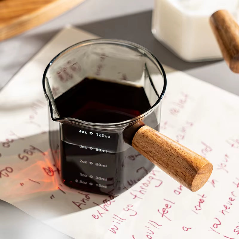 120Ml Glass Espresso Measuring Cup with Wood Handle Hexagon Milk Jug Coffee Supplies Sauce Cup Serving Pitcher