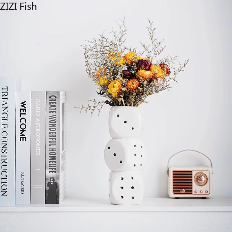 Creative Dice Shape Ceramic Vase Desk Decoration Flower Arrangement Artificial Flowers Decorative Vases Room Aesthetic Decor