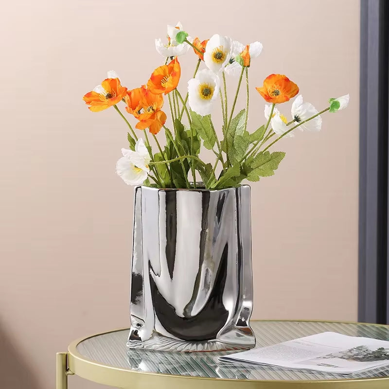 S/M/L Ruffled Flower Vase Ceramic Vase Porcelain Flower Arrangement Decoration Bag Shape Terrarium Home Decoration Vases Pots