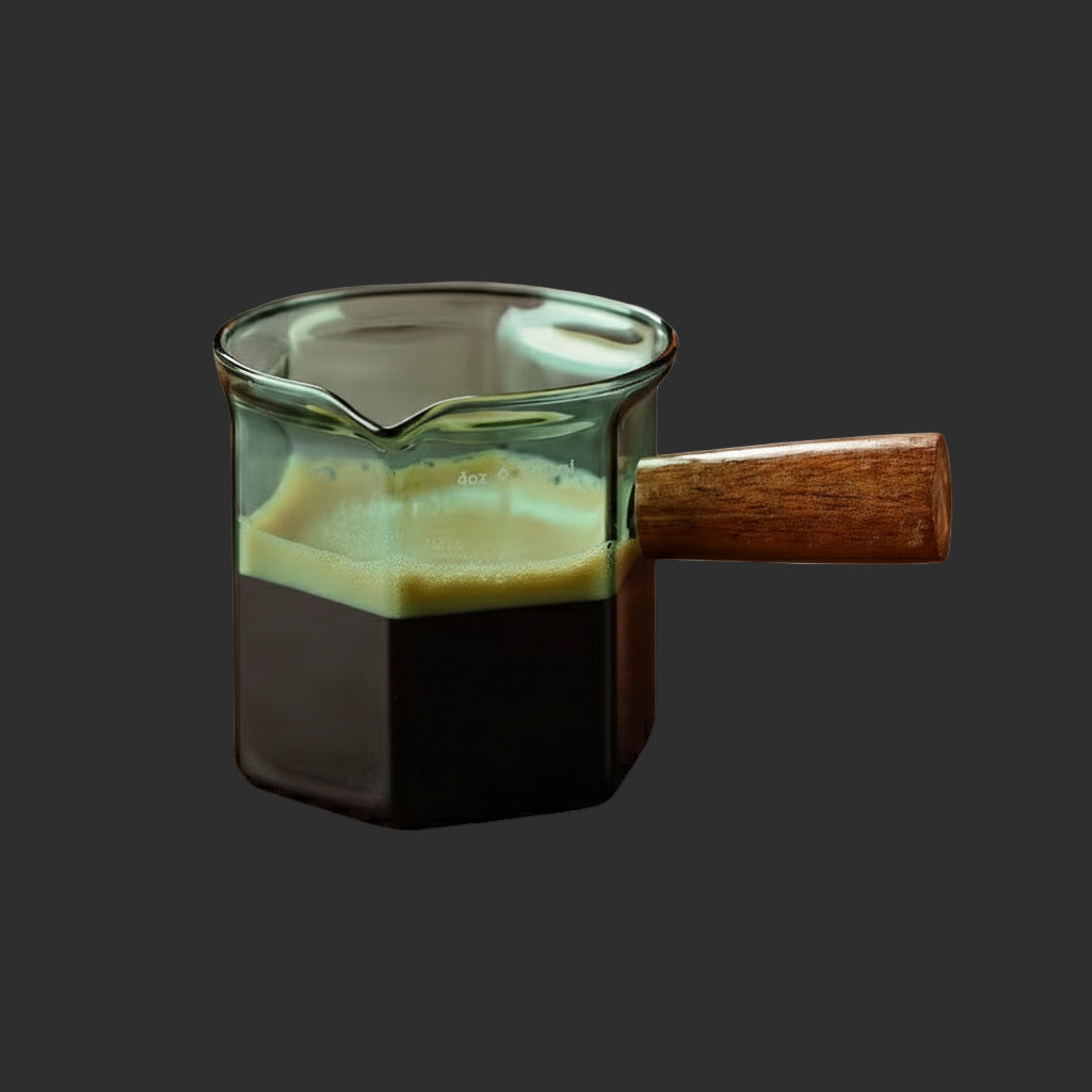 120Ml Glass Espresso Measuring Cup with Wood Handle Hexagon Milk Jug Coffee Supplies Sauce Cup Serving Pitcher