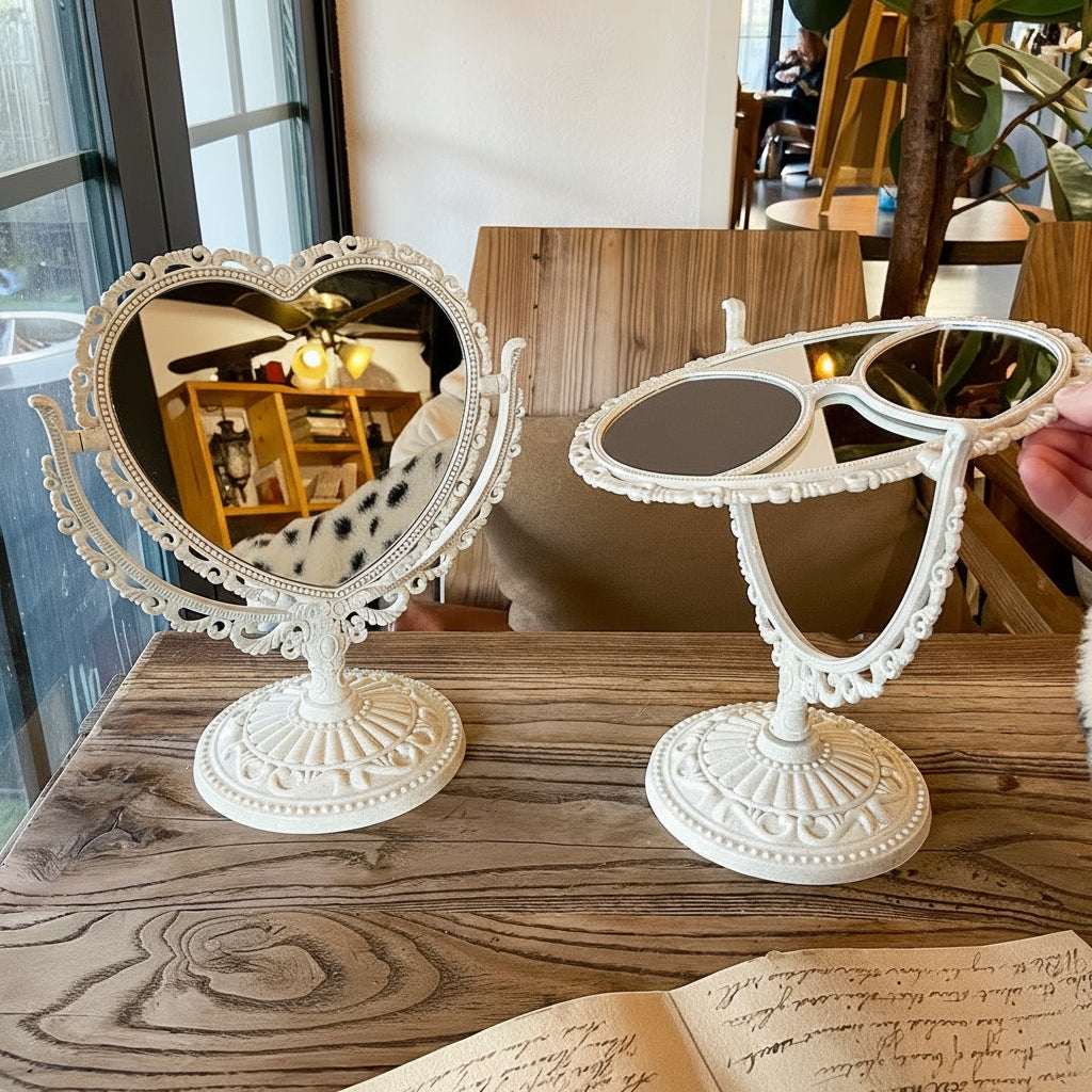 Desktop Makeup Mirror Vintage European Style Mirror Can Stand Cosmetic Mirror Table Rotatable Dormitory Student Makeup Mirror