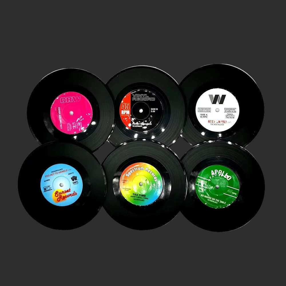 Set of 6 Colorful Retro Vinyl Record Disk Coasters for Drinks Vinyl Record Coaster Set Coffee Table Decor