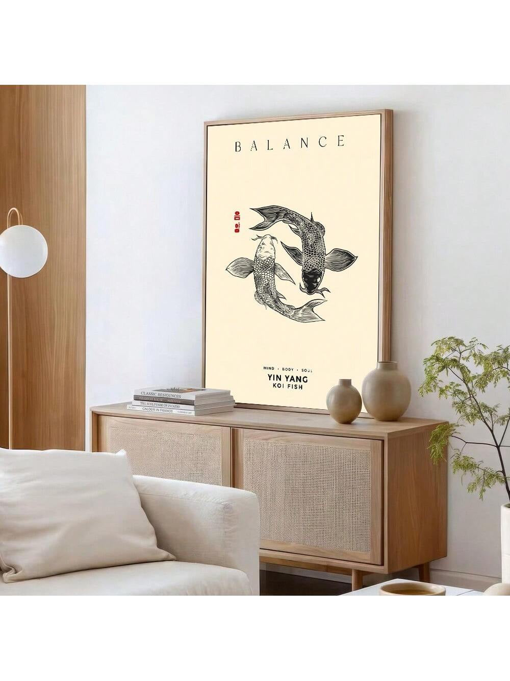 1Pc Framed/Unframed Vintage Koi Fish Japanese Wall Art Canvas Poster Print Minimalist Zen Yin Yang Japandi Mindfulness Painting for Apartment,Living Room,Bedroom,Modern Home Decoration