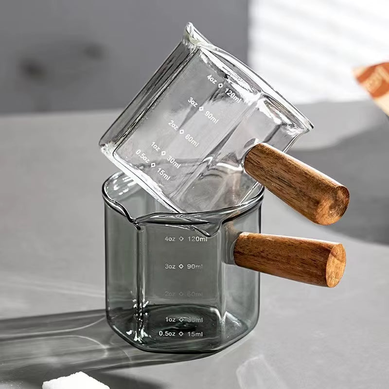 120Ml Glass Espresso Measuring Cup with Wood Handle Hexagon Milk Jug Coffee Supplies Sauce Cup Serving Pitcher