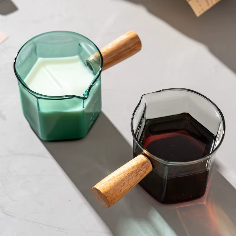 120Ml Glass Espresso Measuring Cup with Wood Handle Hexagon Milk Jug Coffee Supplies Sauce Cup Serving Pitcher