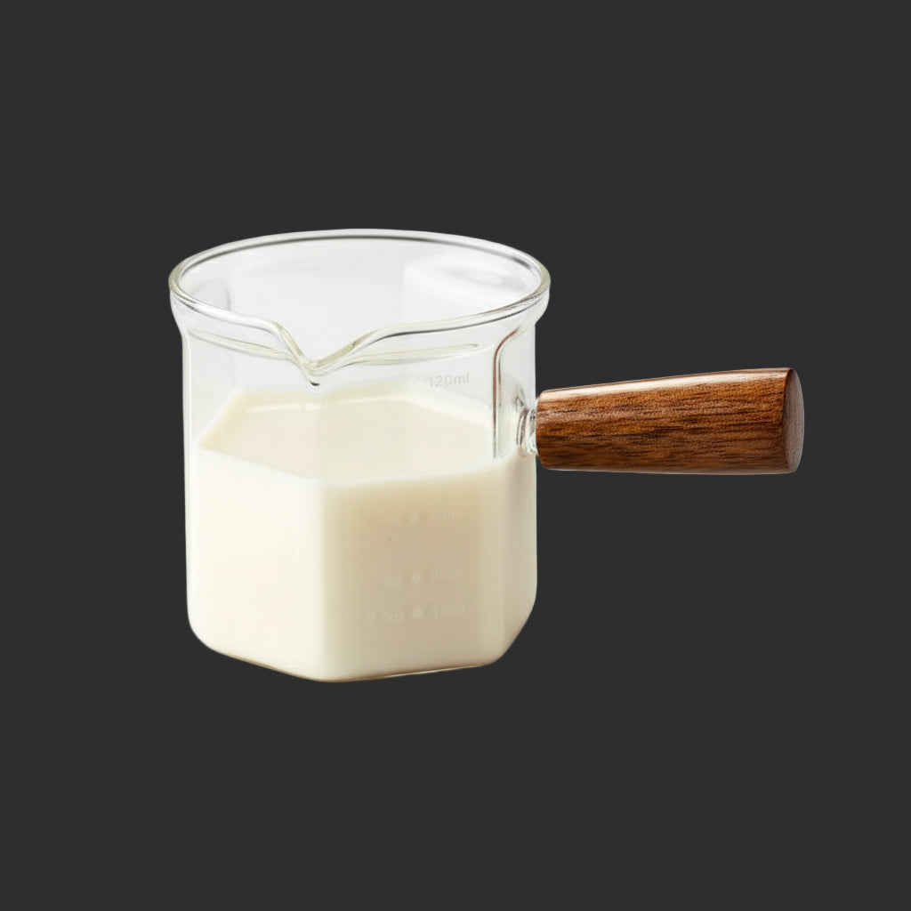 120Ml Glass Espresso Measuring Cup with Wood Handle Hexagon Milk Jug Coffee Supplies Sauce Cup Serving Pitcher