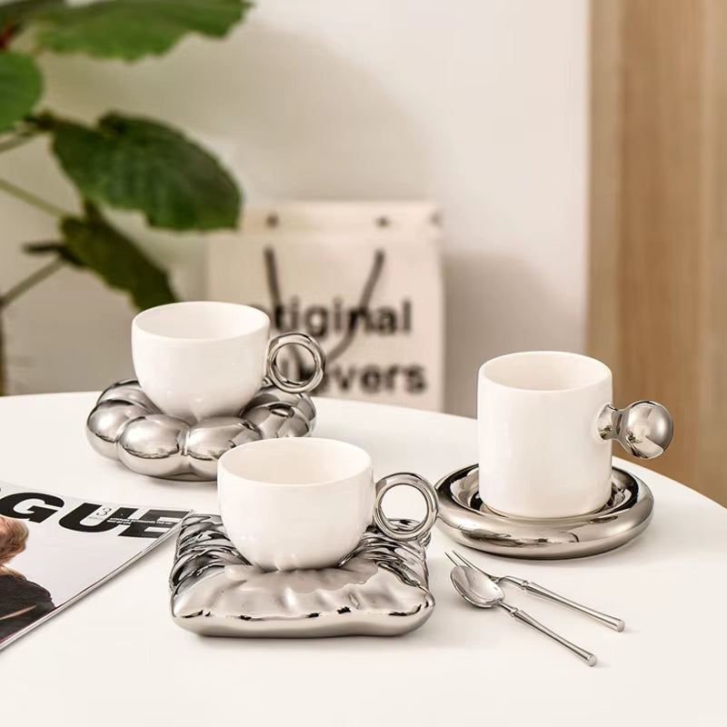 -Nordic Silver Ceramic Coffee Cup, Creative Luxury Mug, Kitchen Drink Set, Milk Cup Gift, Home Decoration, 2023