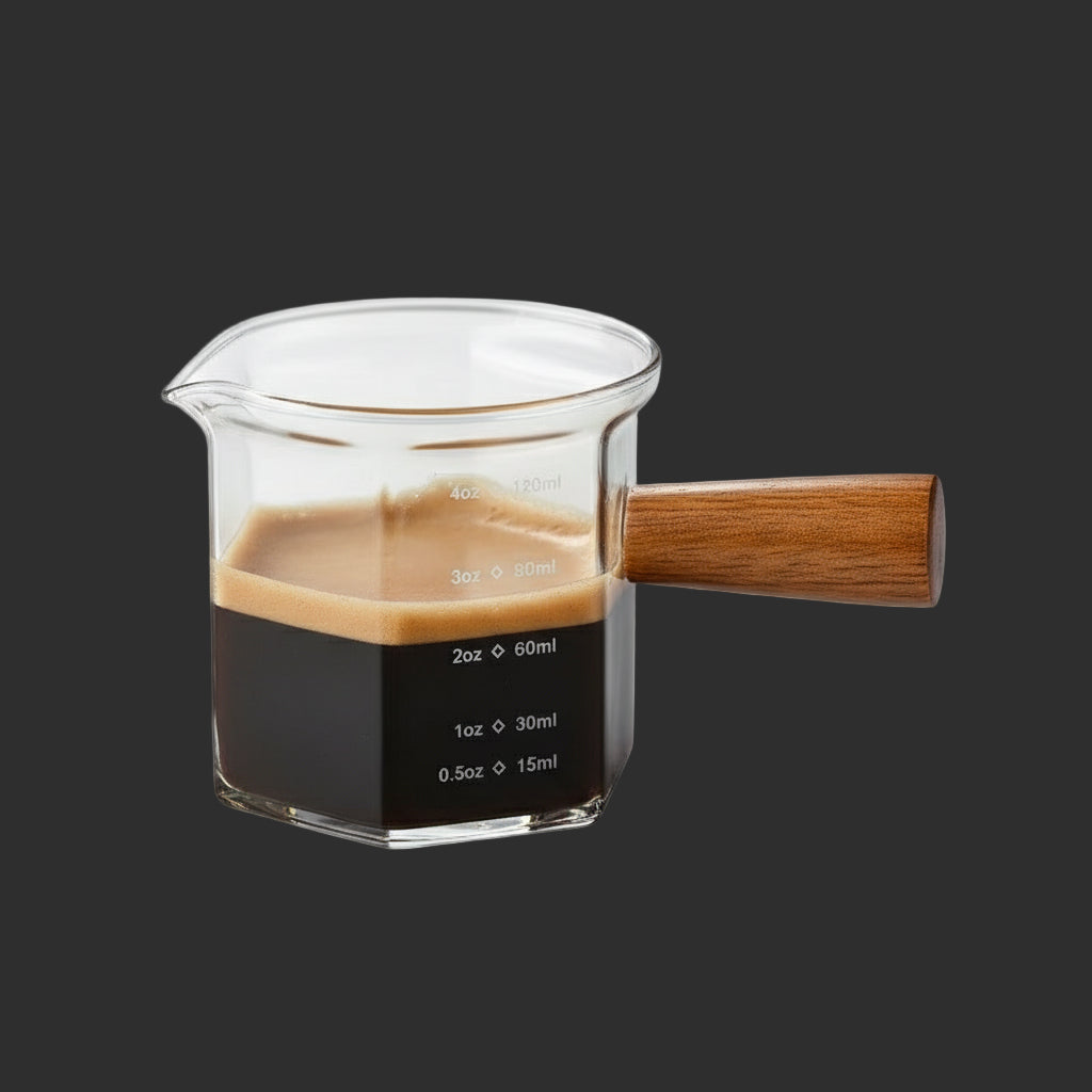 120Ml Glass Espresso Measuring Cup with Wood Handle Hexagon Milk Jug Coffee Supplies Sauce Cup Serving Pitcher