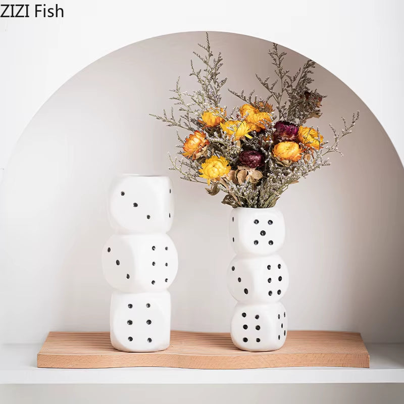 Creative Dice Shape Ceramic Vase Desk Decoration Flower Arrangement Artificial Flowers Decorative Vases Room Aesthetic Decor