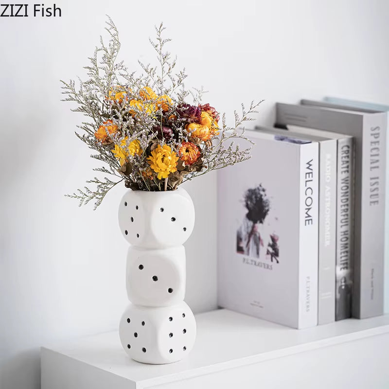Creative Dice Shape Ceramic Vase Desk Decoration Flower Arrangement Artificial Flowers Decorative Vases Room Aesthetic Decor
